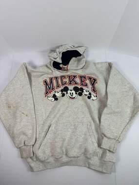 Vintage Mickey Mouse Disney Designs Hoodie, Grey, Size Large - Made in USA